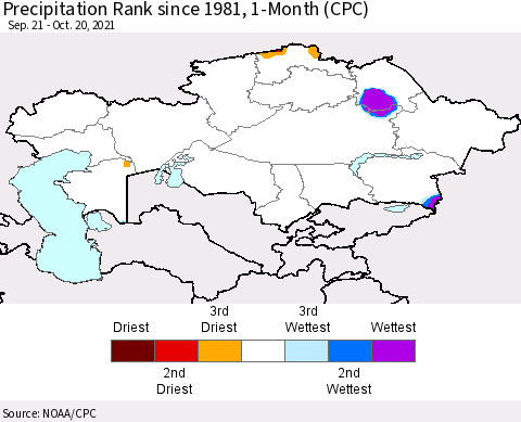 Kazakhstan Precipitation Rank since 1981, 1-Month (CPC) Thematic Map For 9/21/2021 - 10/20/2021