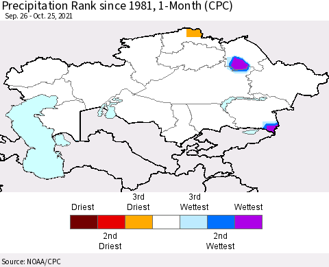 Kazakhstan Precipitation Rank since 1981, 1-Month (CPC) Thematic Map For 9/26/2021 - 10/25/2021