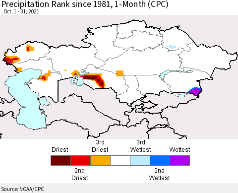 Kazakhstan Precipitation Rank since 1981, 1-Month (CPC) Thematic Map For 10/1/2021 - 10/31/2021