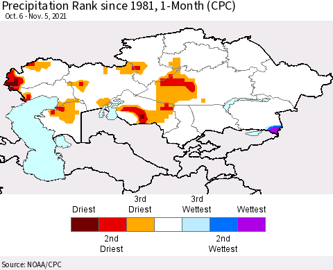 Kazakhstan Precipitation Rank since 1981, 1-Month (CPC) Thematic Map For 10/6/2021 - 11/5/2021