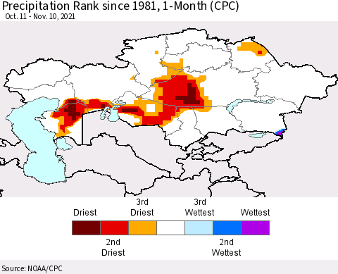 Kazakhstan Precipitation Rank since 1981, 1-Month (CPC) Thematic Map For 10/11/2021 - 11/10/2021
