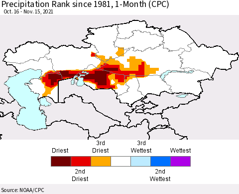 Kazakhstan Precipitation Rank since 1981, 1-Month (CPC) Thematic Map For 10/16/2021 - 11/15/2021