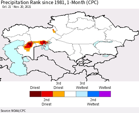 Kazakhstan Precipitation Rank since 1981, 1-Month (CPC) Thematic Map For 10/21/2021 - 11/20/2021