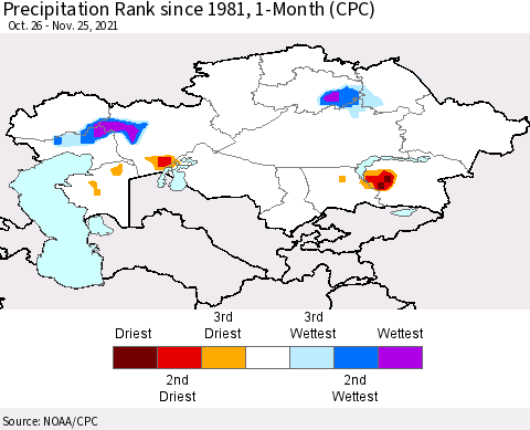 Kazakhstan Precipitation Rank since 1981, 1-Month (CPC) Thematic Map For 10/26/2021 - 11/25/2021