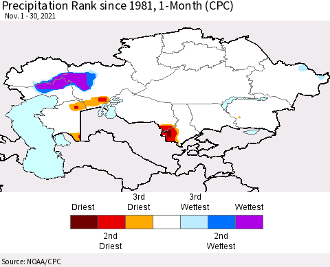 Kazakhstan Precipitation Rank since 1981, 1-Month (CPC) Thematic Map For 11/1/2021 - 11/30/2021