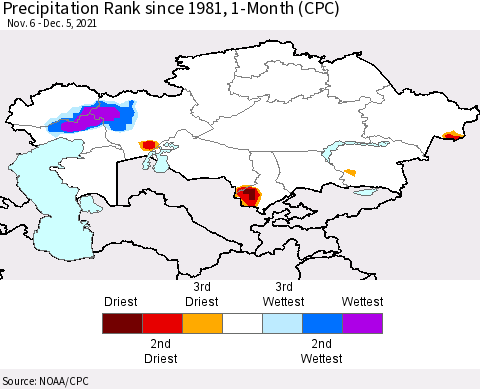 Kazakhstan Precipitation Rank since 1981, 1-Month (CPC) Thematic Map For 11/6/2021 - 12/5/2021