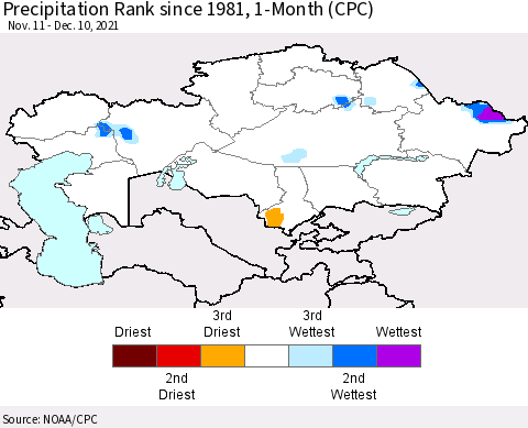 Kazakhstan Precipitation Rank since 1981, 1-Month (CPC) Thematic Map For 11/11/2021 - 12/10/2021