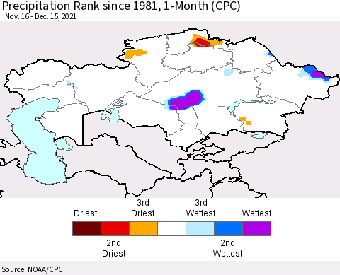Kazakhstan Precipitation Rank since 1981, 1-Month (CPC) Thematic Map For 11/16/2021 - 12/15/2021