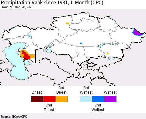 Kazakhstan Precipitation Rank since 1981, 1-Month (CPC) Thematic Map For 11/21/2021 - 12/20/2021