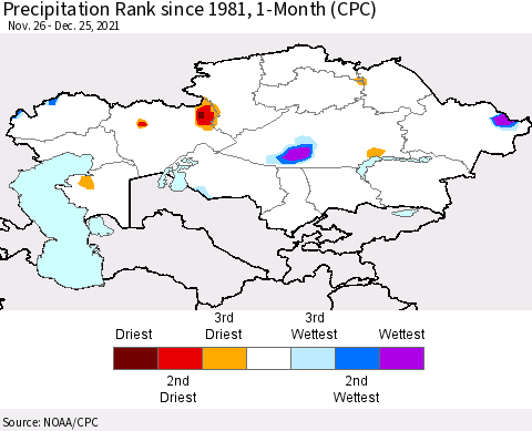 Kazakhstan Precipitation Rank since 1981, 1-Month (CPC) Thematic Map For 11/26/2021 - 12/25/2021