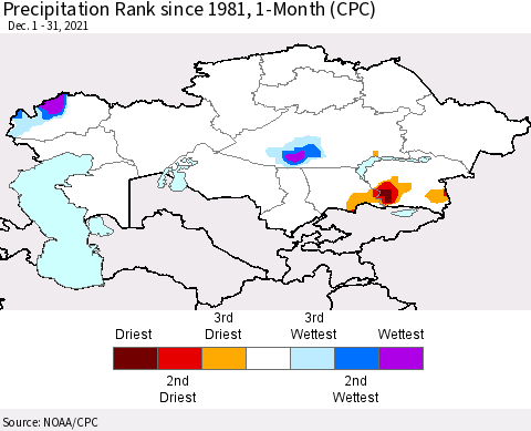 Kazakhstan Precipitation Rank since 1981, 1-Month (CPC) Thematic Map For 12/1/2021 - 12/31/2021