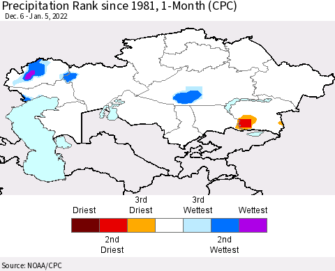 Kazakhstan Precipitation Rank since 1981, 1-Month (CPC) Thematic Map For 12/6/2021 - 1/5/2022