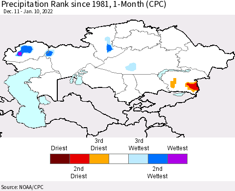 Kazakhstan Precipitation Rank since 1981, 1-Month (CPC) Thematic Map For 12/11/2021 - 1/10/2022