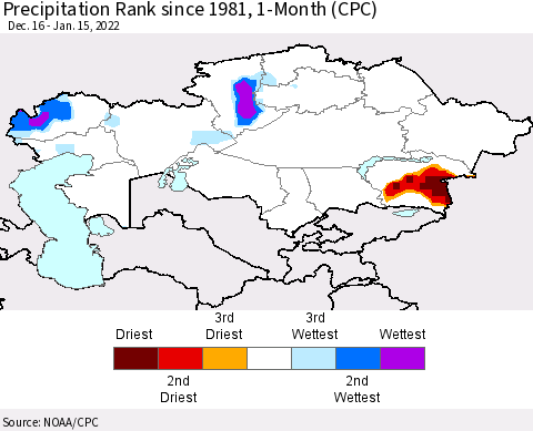 Kazakhstan Precipitation Rank since 1981, 1-Month (CPC) Thematic Map For 12/16/2021 - 1/15/2022