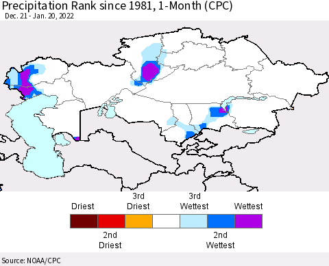 Kazakhstan Precipitation Rank since 1981, 1-Month (CPC) Thematic Map For 12/21/2021 - 1/20/2022