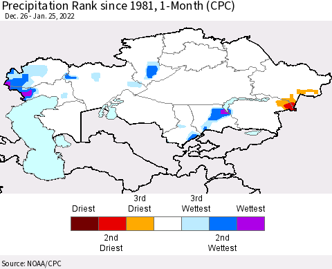 Kazakhstan Precipitation Rank since 1981, 1-Month (CPC) Thematic Map For 12/26/2021 - 1/25/2022