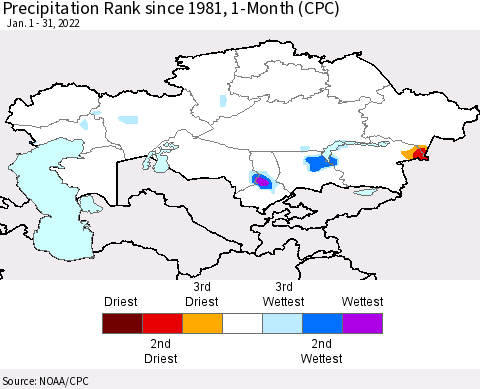 Kazakhstan Precipitation Rank since 1981, 1-Month (CPC) Thematic Map For 1/1/2022 - 1/31/2022
