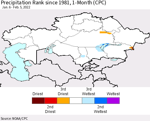 Kazakhstan Precipitation Rank since 1981, 1-Month (CPC) Thematic Map For 1/6/2022 - 2/5/2022
