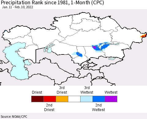 Kazakhstan Precipitation Rank since 1981, 1-Month (CPC) Thematic Map For 1/11/2022 - 2/10/2022