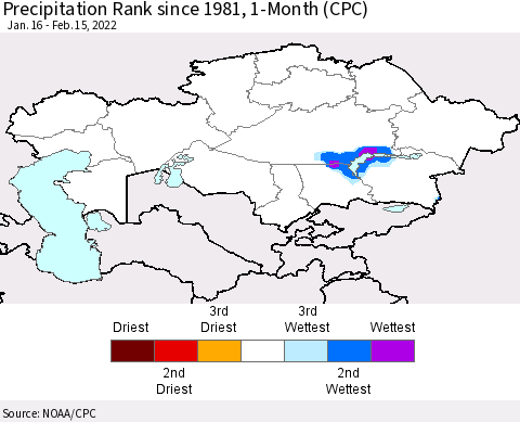 Kazakhstan Precipitation Rank since 1981, 1-Month (CPC) Thematic Map For 1/16/2022 - 2/15/2022