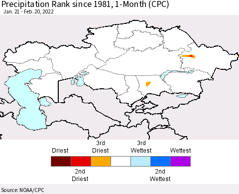 Kazakhstan Precipitation Rank since 1981, 1-Month (CPC) Thematic Map For 1/21/2022 - 2/20/2022