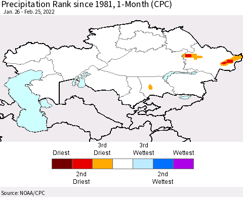 Kazakhstan Precipitation Rank since 1981, 1-Month (CPC) Thematic Map For 1/26/2022 - 2/25/2022
