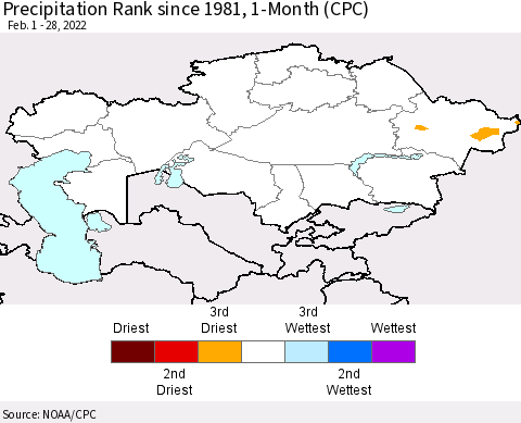 Kazakhstan Precipitation Rank since 1981, 1-Month (CPC) Thematic Map For 2/1/2022 - 2/28/2022