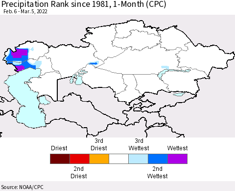 Kazakhstan Precipitation Rank since 1981, 1-Month (CPC) Thematic Map For 2/6/2022 - 3/5/2022