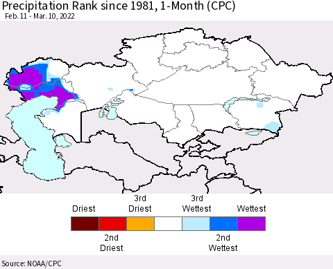 Kazakhstan Precipitation Rank since 1981, 1-Month (CPC) Thematic Map For 2/11/2022 - 3/10/2022