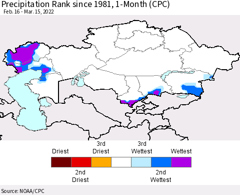 Kazakhstan Precipitation Rank since 1981, 1-Month (CPC) Thematic Map For 2/16/2022 - 3/15/2022
