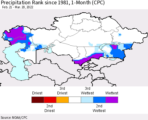 Kazakhstan Precipitation Rank since 1981, 1-Month (CPC) Thematic Map For 2/21/2022 - 3/20/2022