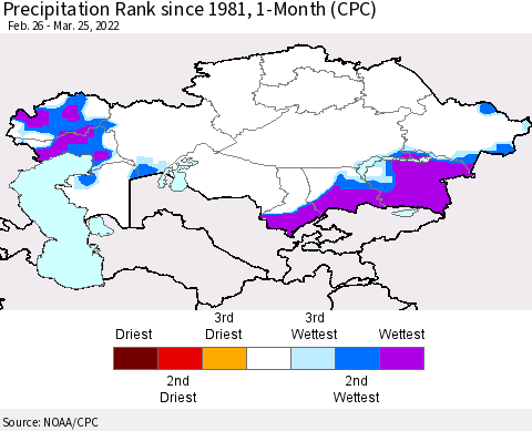 Kazakhstan Precipitation Rank since 1981, 1-Month (CPC) Thematic Map For 2/26/2022 - 3/25/2022