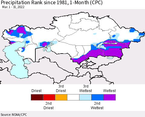 Kazakhstan Precipitation Rank since 1981, 1-Month (CPC) Thematic Map For 3/1/2022 - 3/31/2022
