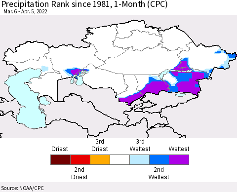 Kazakhstan Precipitation Rank since 1981, 1-Month (CPC) Thematic Map For 3/6/2022 - 4/5/2022
