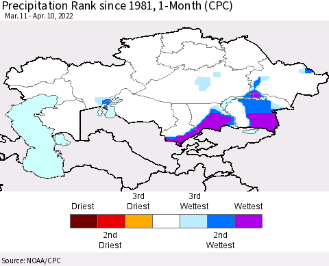Kazakhstan Precipitation Rank since 1981, 1-Month (CPC) Thematic Map For 3/11/2022 - 4/10/2022