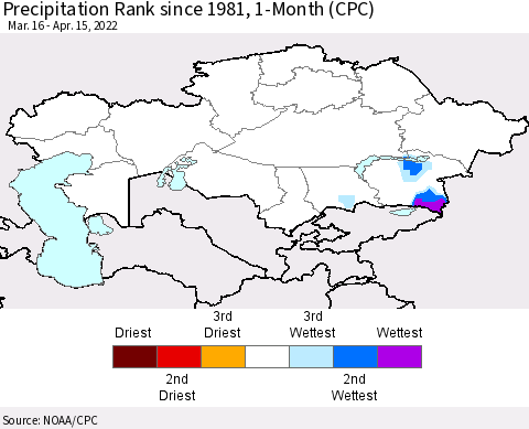Kazakhstan Precipitation Rank since 1981, 1-Month (CPC) Thematic Map For 3/16/2022 - 4/15/2022
