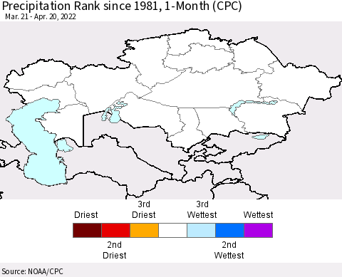 Kazakhstan Precipitation Rank since 1981, 1-Month (CPC) Thematic Map For 3/21/2022 - 4/20/2022