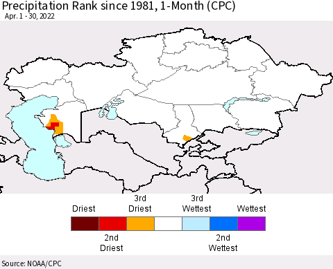 Kazakhstan Precipitation Rank since 1981, 1-Month (CPC) Thematic Map For 4/1/2022 - 4/30/2022