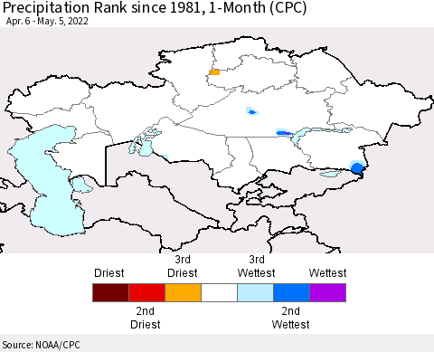 Kazakhstan Precipitation Rank since 1981, 1-Month (CPC) Thematic Map For 4/6/2022 - 5/5/2022