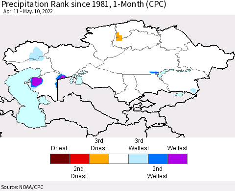 Kazakhstan Precipitation Rank since 1981, 1-Month (CPC) Thematic Map For 4/11/2022 - 5/10/2022