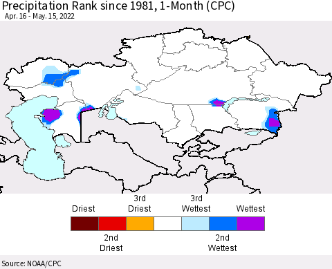 Kazakhstan Precipitation Rank since 1981, 1-Month (CPC) Thematic Map For 4/16/2022 - 5/15/2022