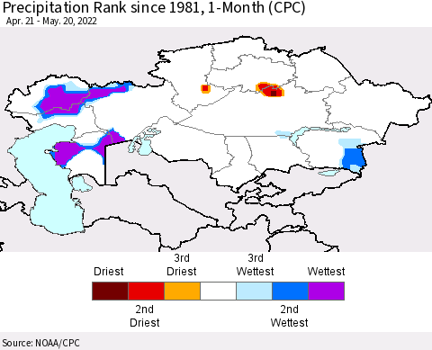 Kazakhstan Precipitation Rank since 1981, 1-Month (CPC) Thematic Map For 4/21/2022 - 5/20/2022