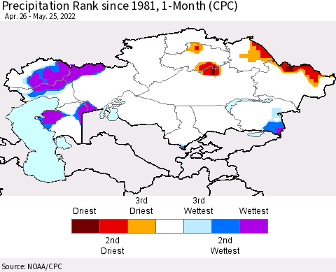 Kazakhstan Precipitation Rank since 1981, 1-Month (CPC) Thematic Map For 4/26/2022 - 5/25/2022