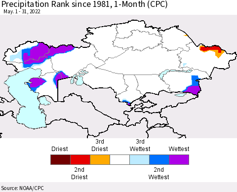 Kazakhstan Precipitation Rank since 1981, 1-Month (CPC) Thematic Map For 5/1/2022 - 5/31/2022