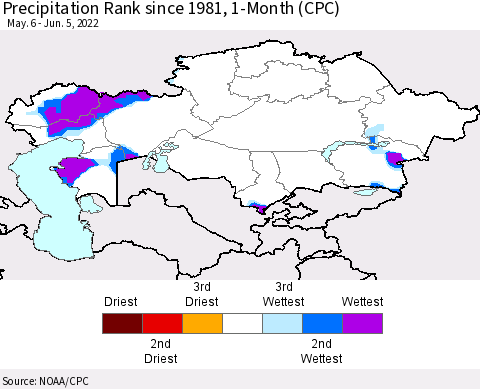 Kazakhstan Precipitation Rank since 1981, 1-Month (CPC) Thematic Map For 5/6/2022 - 6/5/2022
