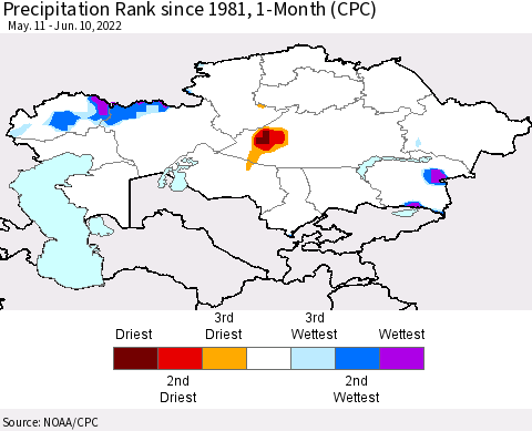 Kazakhstan Precipitation Rank since 1981, 1-Month (CPC) Thematic Map For 5/11/2022 - 6/10/2022