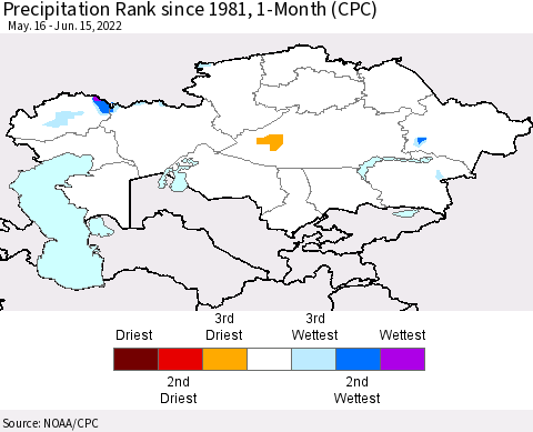 Kazakhstan Precipitation Rank since 1981, 1-Month (CPC) Thematic Map For 5/16/2022 - 6/15/2022