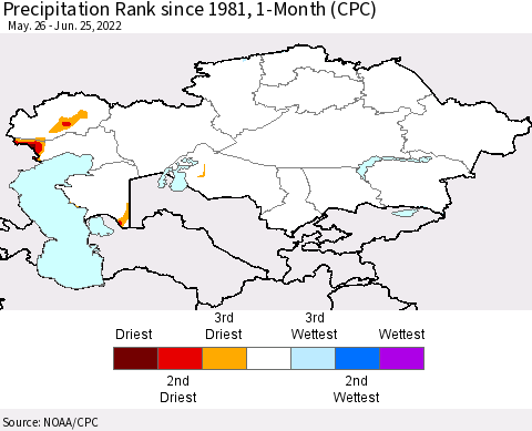 Kazakhstan Precipitation Rank since 1981, 1-Month (CPC) Thematic Map For 5/26/2022 - 6/25/2022