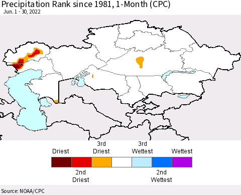 Kazakhstan Precipitation Rank since 1981, 1-Month (CPC) Thematic Map For 6/1/2022 - 6/30/2022