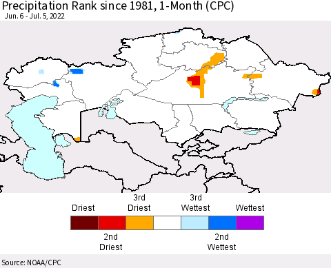 Kazakhstan Precipitation Rank since 1981, 1-Month (CPC) Thematic Map For 6/6/2022 - 7/5/2022
